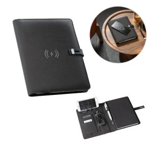 EMERGE A5 FOLDER. Pasta A5 em 300D poliéster reciclado (100% rPET) com carregador sem fios