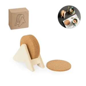 PLYCORK. Suporte em contraplacado com 6 bases para copos em cortiça